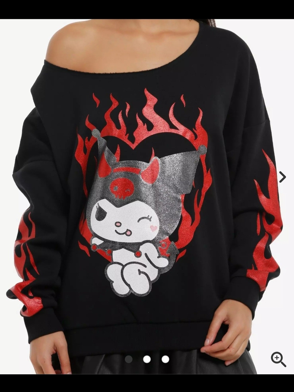 Black Graphic Off-Shoulder Sweater with Red Flame Motif